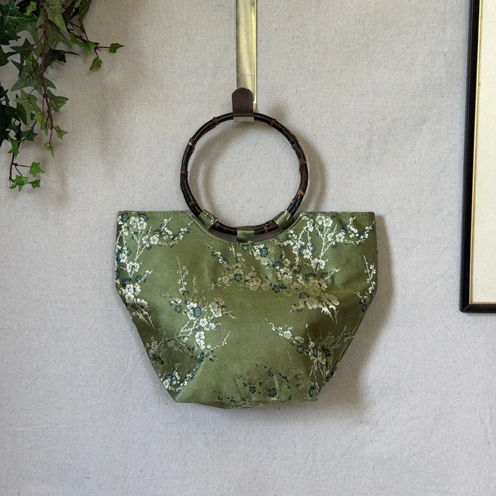 Green Floral Bamboo Handle Handbag Satin Y2K Vintage OS Asian Girly Grunge